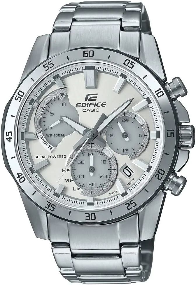 Casio EdifICE Solar Chronograph MenAnalog White Dial Stainless Steel Band