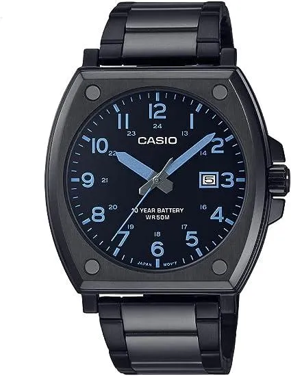 Casio Men WATCH Analog Black Dial Black ion Plated Case Leather Band MTP-E715L-1AVDF, Black, strap