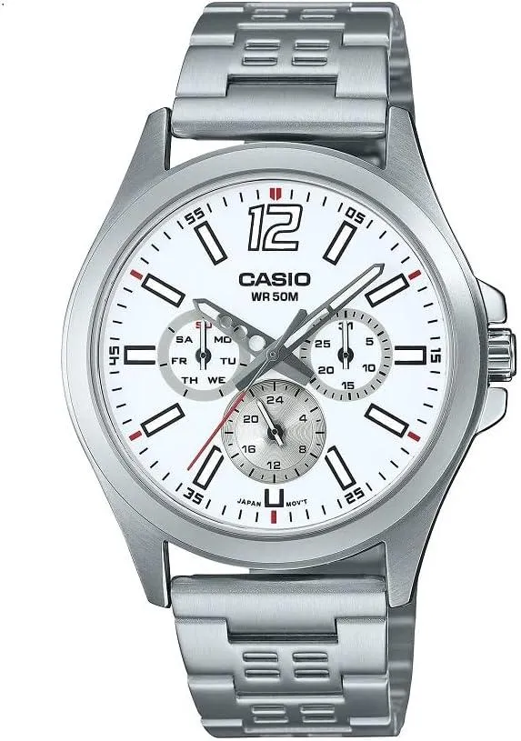Casio Men WATCH Analog Multi Hand White Dial Stainless Steel Band MTP-E350D-7BVDF, Silver, bracelet
