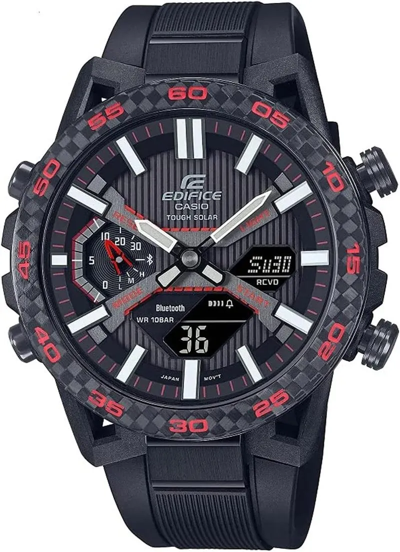 Casio Men WATCH EdifICE Suspension Smartphone Link Solar Powered Black Dial Resin Band Carbon Case ECB-2000PB-1ADF, Black