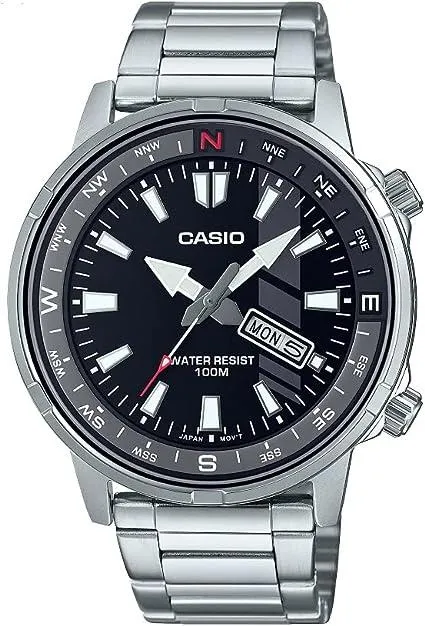 Casio Men WATCH Sports Analog Direction Bezel Black Dial Stainless Steel Band MTD-130D-1AVDF, Black, bracelet