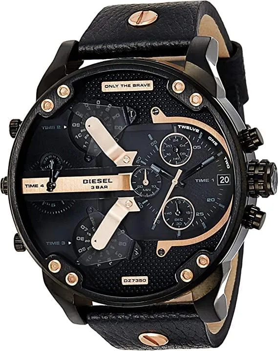 Diesel Men's Black Dial Leather Band Chronograph Watch - Dz7350, Analog Display