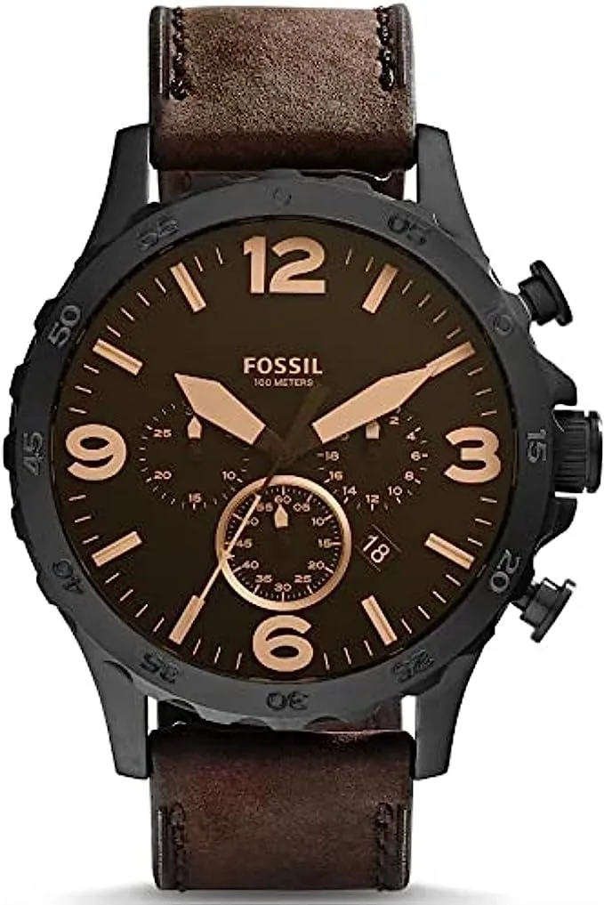 Fossil Men's JR1487 Nate Stainless Steel Watch with Brown Leather Band, Brown, strap