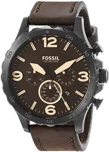 Fossil Men's JR1487 Nate Stainless Steel Watch with Brown Leather Band, Brown, strap