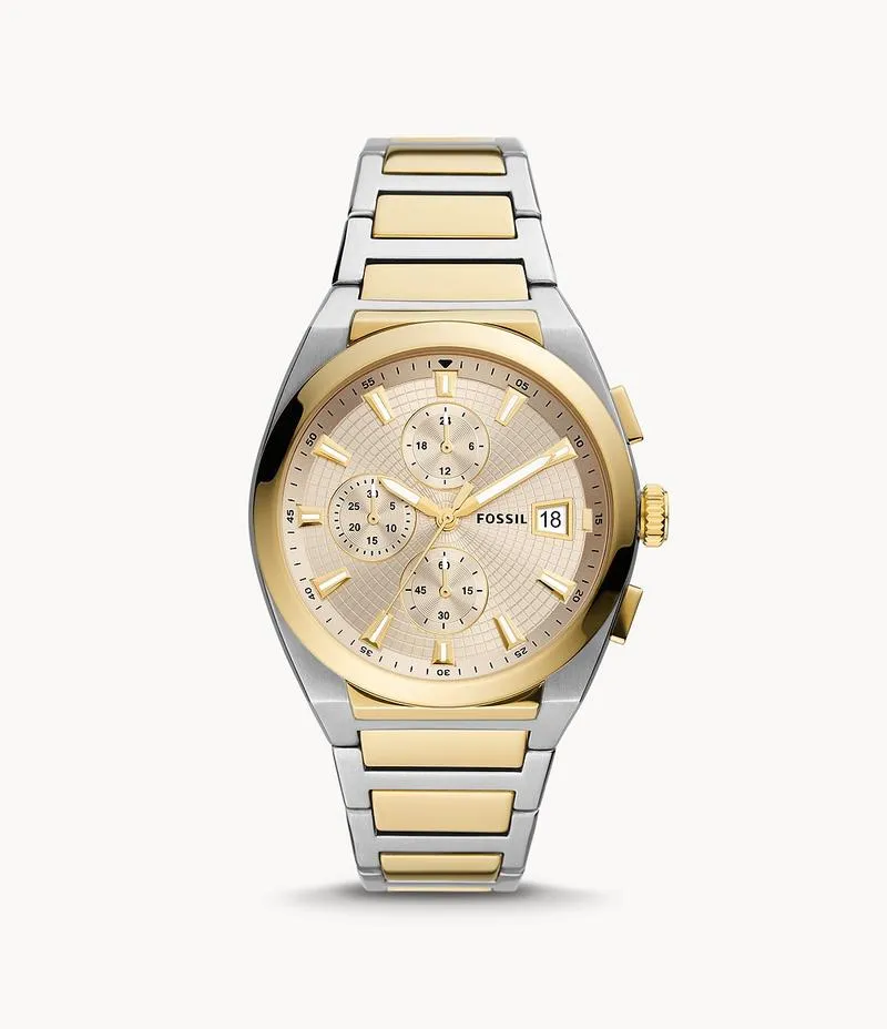 Fossil Mens Everett Stainless Steel Dress Quartz Chronograph Watch, Silver/Gold, Chronograph