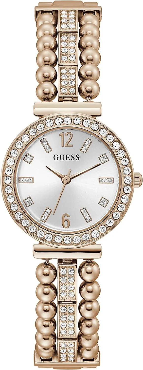 GUESS Ladies Dress Ball & Crystal 30mm Watch Silver-Tone Dial with Rose Gold-Tone Stainless Steel Case & Bracelet, Rose-Gold Tone/Silver-Tone, one