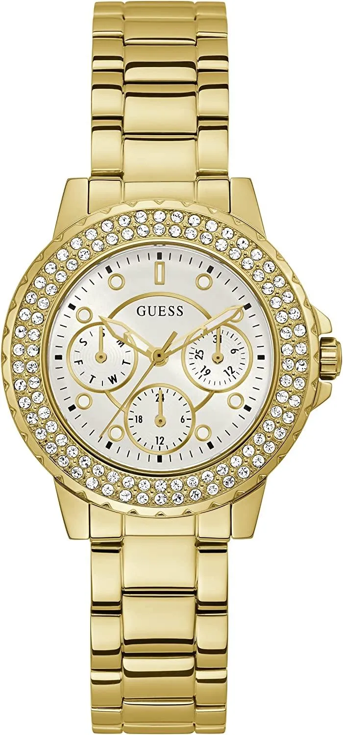 GUESS Ladies Sport Crystal Multifunction 36mm Watch, Gold-Tone/White, one