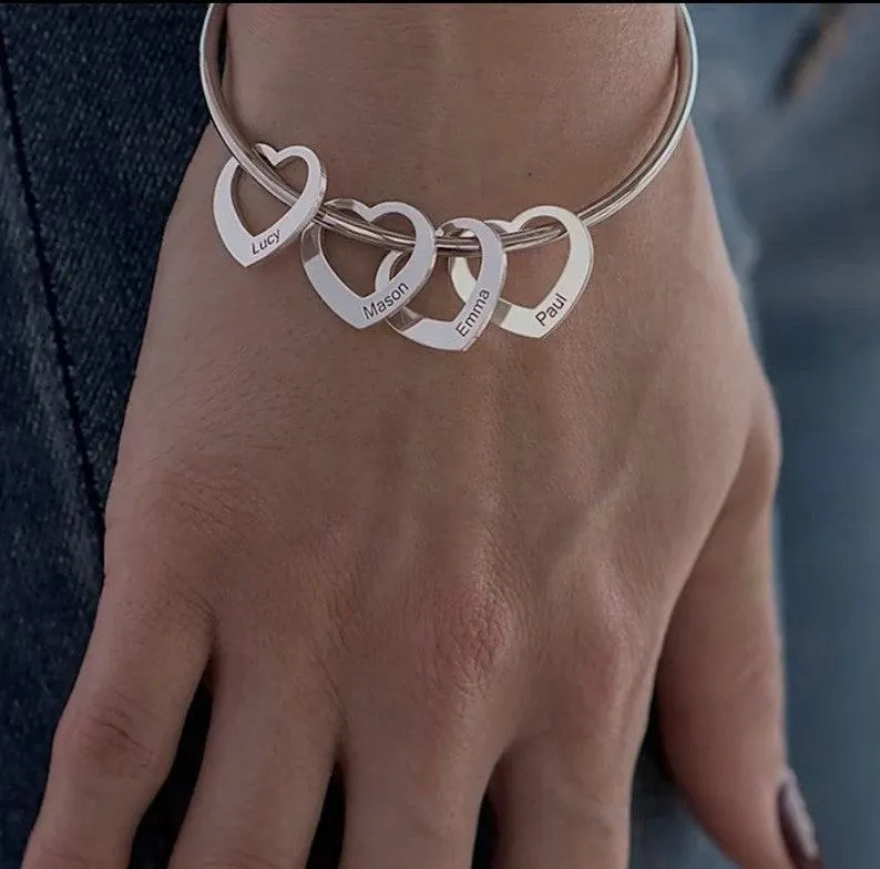 Personalised Bangle Bracelet, Engraved Hearts charms Pendants
