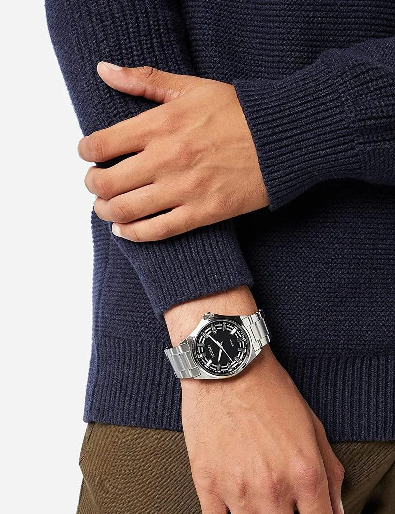 Seiko BLACK DIAL STAINLESS STEEL MEN'S WATCH - SUR505P1, Silver