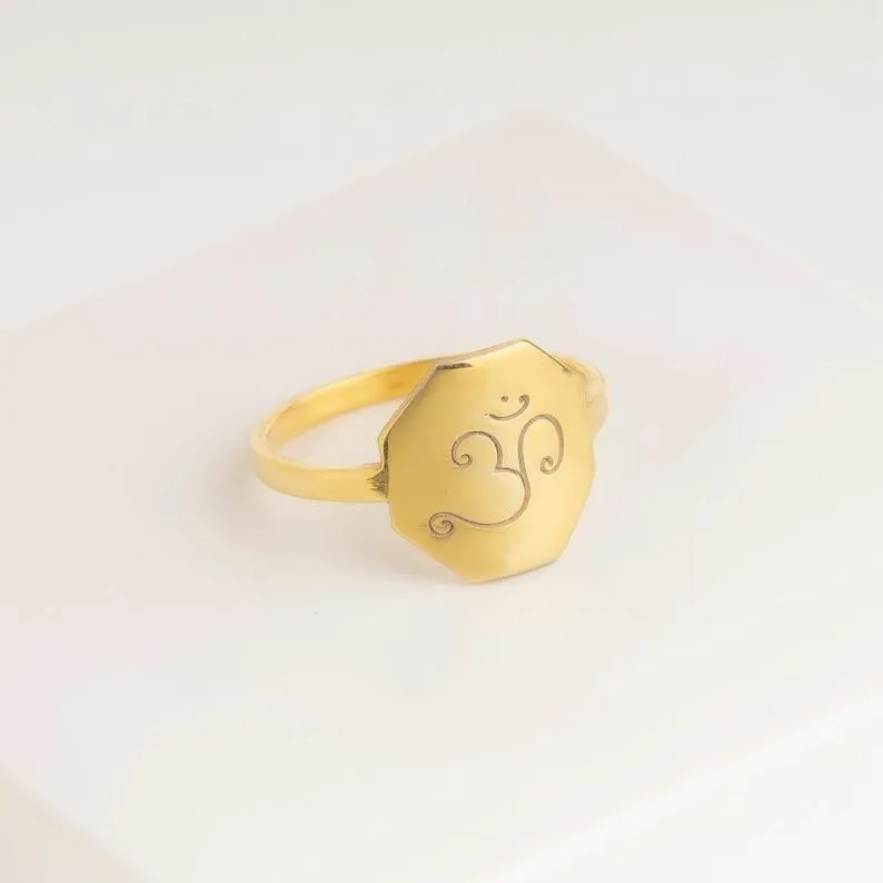 Spiritual Symbols Ring in Sterling Silver, Octagon Shape Ring, Yoga Inspired Ring,