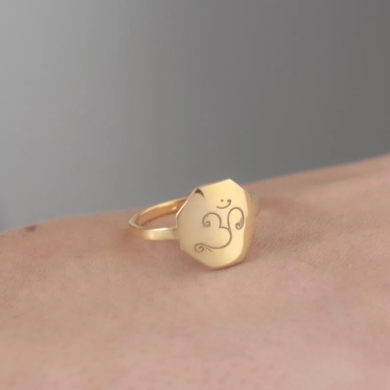 Spiritual Symbols Ring in Sterling Silver, Octagon Shape Ring, Yoga Inspired Ring,