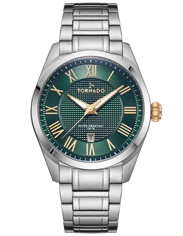 Tornado Mens Analog Green With Gold Highlights Dial Watch