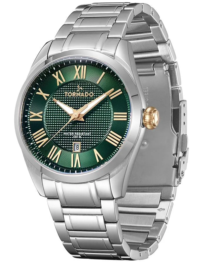 Tornado Mens Analog Green With Gold Highlights Dial Watch