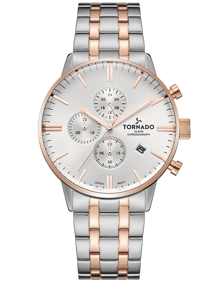 Tornado Mens Chronograph Silver With Rose Gold Dial Watch