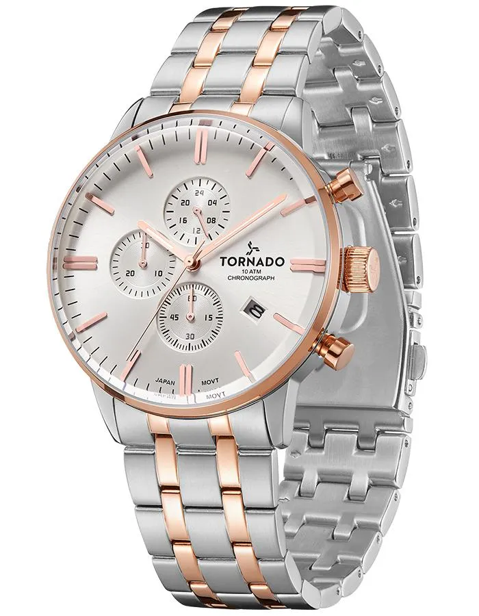 Tornado Mens Chronograph Silver With Rose Gold Dial Watch